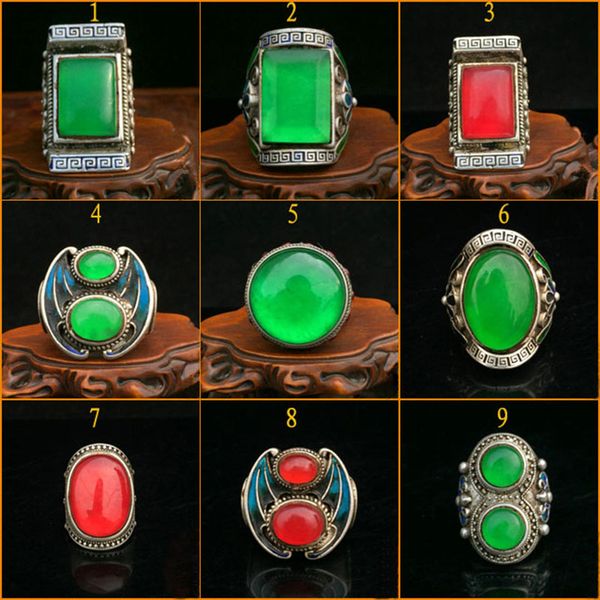 

trendy old jadeite jade ice type square ring face old silver inlaid open ring finger finger men and women, Golden;silver