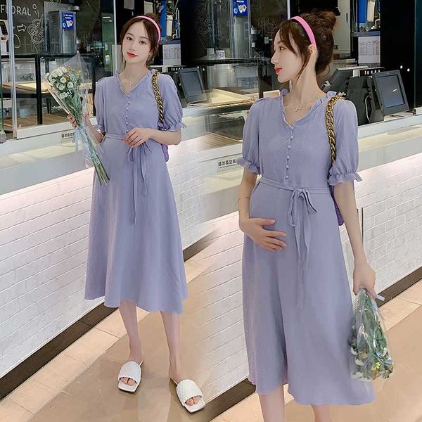

3370# summer korean fashion maternity long dress elegant ties waist slim clothes for pregnant women pregnancy baby shower wear, White