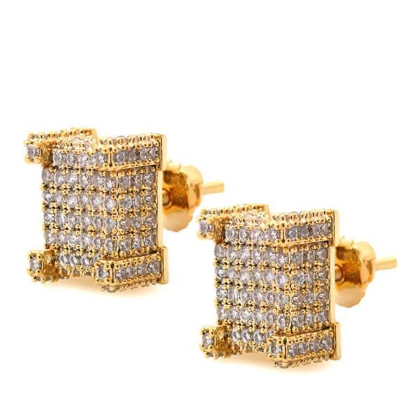 

18k real gold hiphop cz zircon square stud earrings 0.7-1.6cm for men women and girls gifts diamond earrings studs punk rock rapper jewelry, Golden;silver