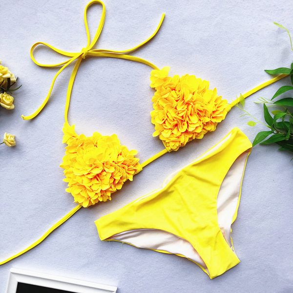 

push up swimwear swimsuit bikini set maillot yellow red flower women swimming suit bandage 1 gift pleated swim low waist, White;black