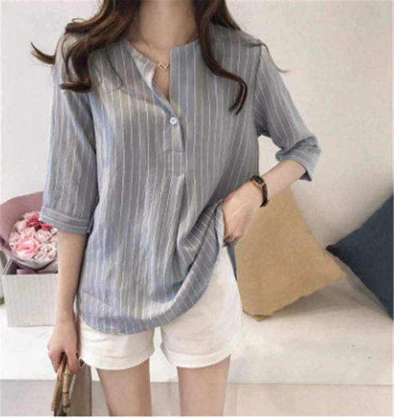 

summer new korean fashion large size round neck striped shirt female seven-sleeved shirt loose casual shirt, White