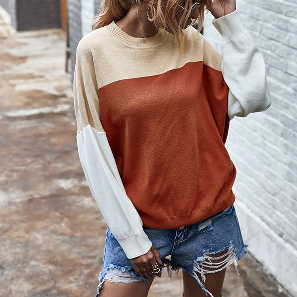 

women color block blouse long sleeve o-neck patchwork casual shirt female blouse shirt knitted blusas femininas, White