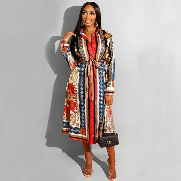 

spring ladies turn-down collar print a-line work office long dress casual fit and flare pleated dress autumn women fashion, Black;gray
