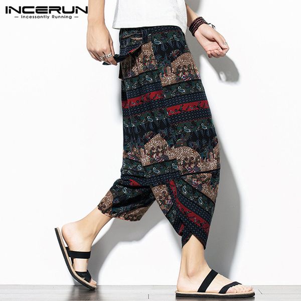 

incerun mens vintage wide leg pants printed harem брюк этнический цветочные joggers сыпучие хлопок эластичный пояс hombre pantalones 5xl, Black