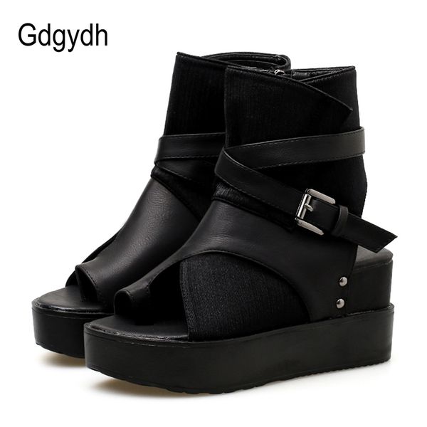 

gdgydh black women ankle boots spring autumn peep toe flat heel boots for female buckle platform wedges shoes summer comfortable