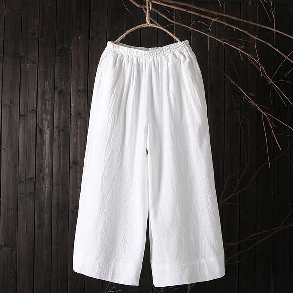 

fashion 2020 wide leg pants women cotton linen pantalon femme large loose trousers pans mujer elastic waist vintage pants, Black;white
