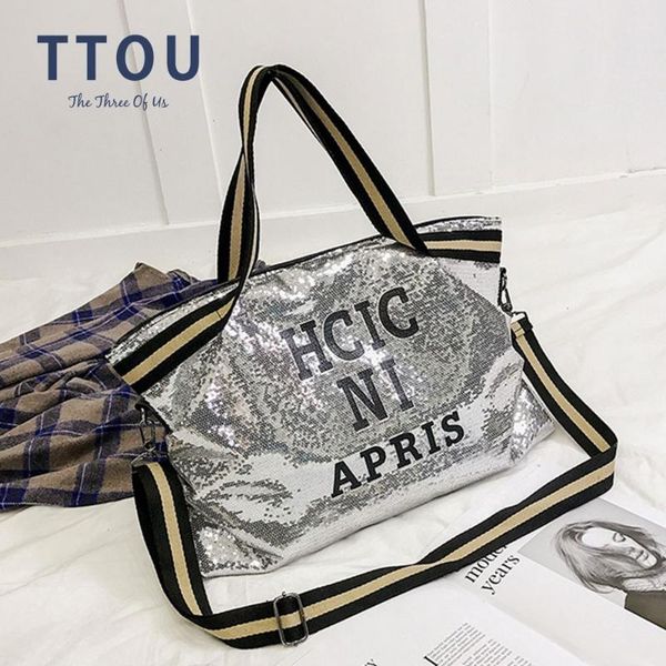 

fashion women bling sequins shoulder bags big capacity casual handbag for lady travel large tote letter printed crossbody bags