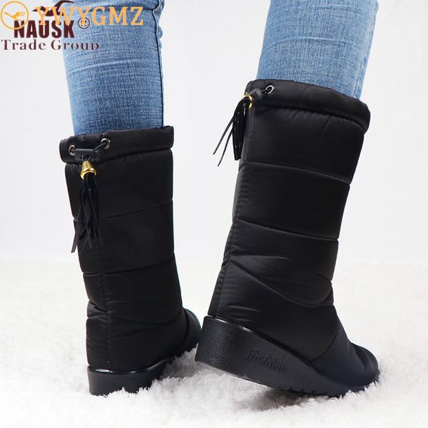 

boots nausk waterproof women mid-calf down shoes snow bottes femme fur plush insole black botas mujer invierno