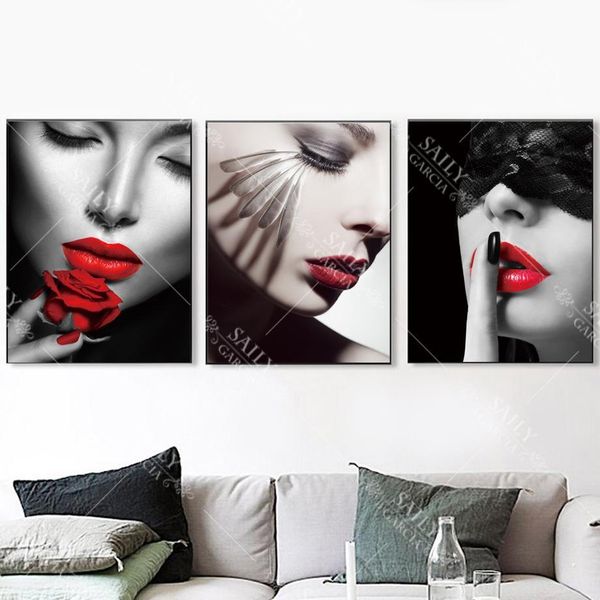 

vogue girl red lips feather wall art canvas painting nordic posters and prints wall pictures for living room salon no frame