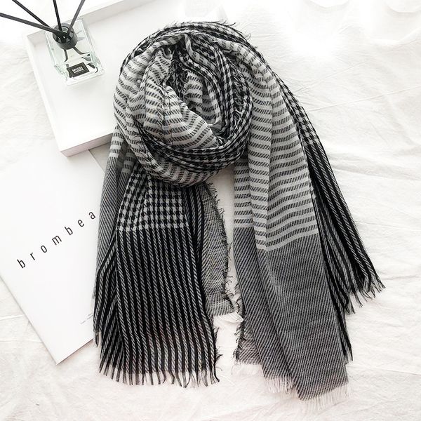

nklh2 korean women's autumn scarf cotton and linen shawl cotton and linen color matching bird plaid scarf plaid long women's artis, Blue;gray