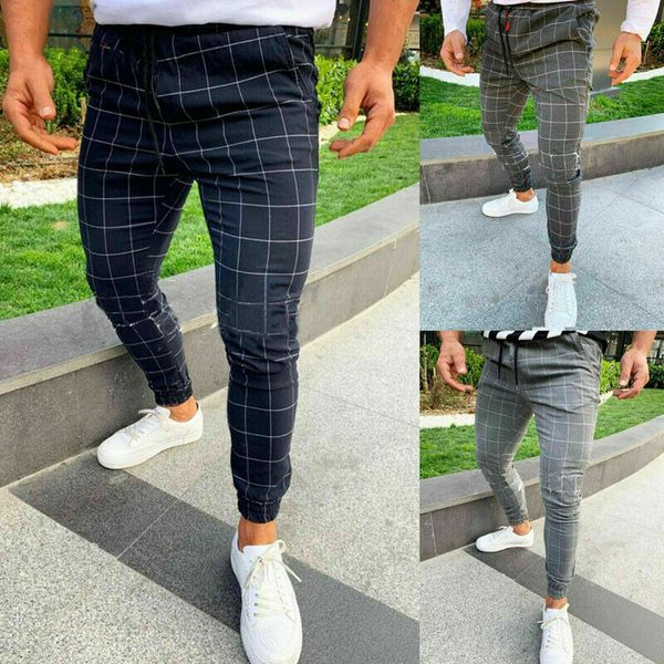 

spring summer fashion pocket men's slim fit plaid straight leg trousers casual pencil jogger casual pants, Black