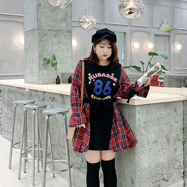 

women's spring plaid stitching dress plus size knee length casual dress 100 kg can be worn, Black;gray