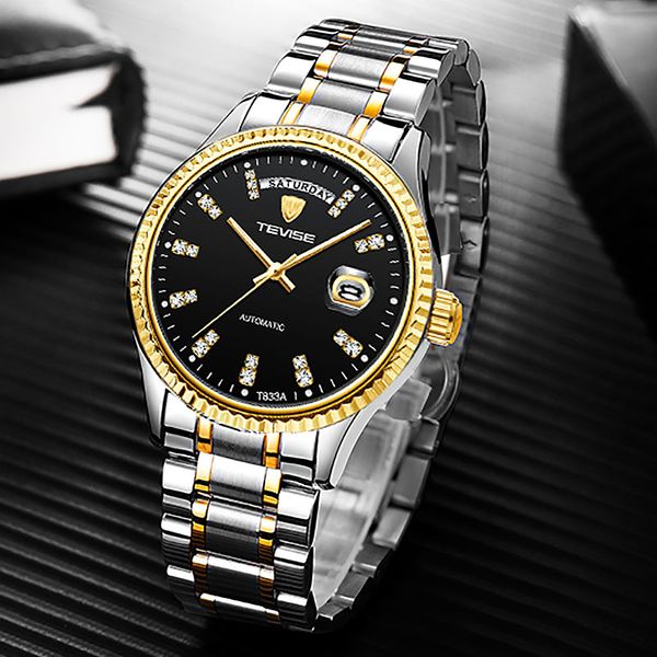 

men golden automatic mechanical watch men stainless steel business wristwatch masculino, Slivery;brown