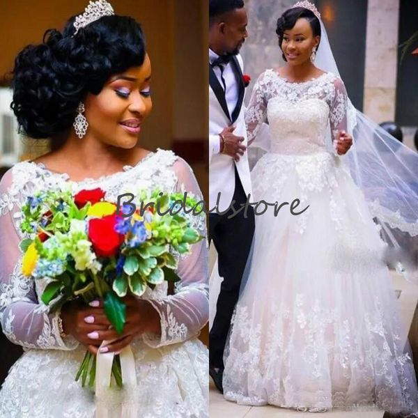 

elegant lace african wedding dresses a line illusion long sleeves country wedding gowns 2020 appliques boho garden bridal dress summer, White