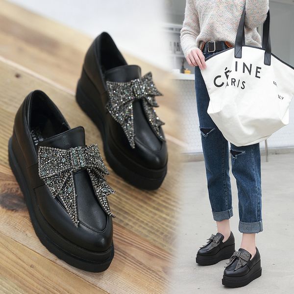 

wedge oxford women butterfly-kont platform loafers pointed toe heightening shoes slip on rhinestones pump black zapatos de mujer