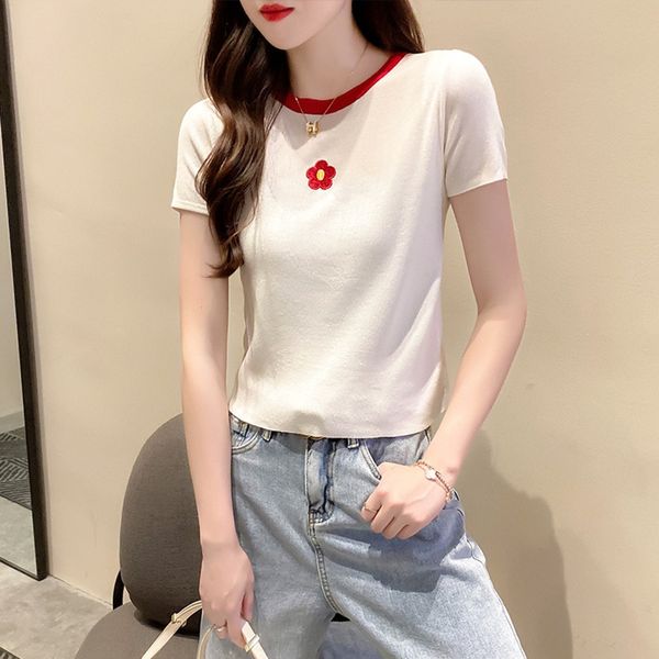 

2020 summer new korean style knitwear knitwear thin knit base shirt round neck short sleeve t-shirt women's slim fit top, White;black