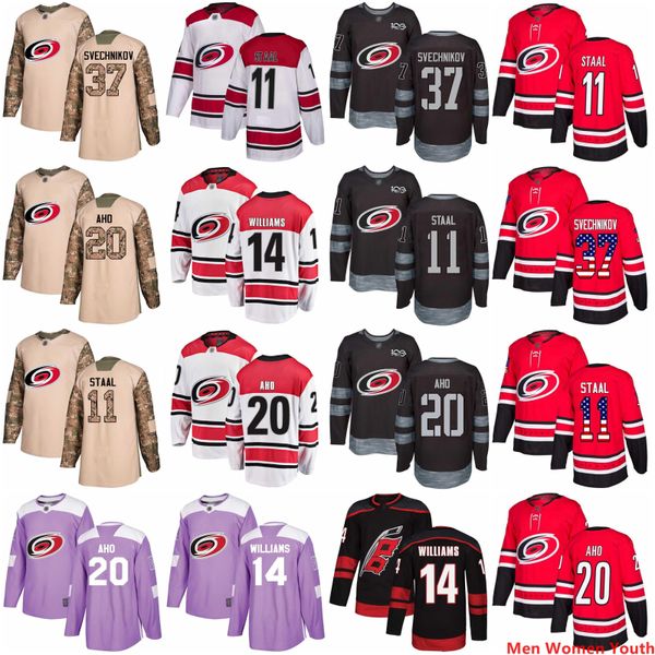 

custom men women youth carolina hurricanes any name s-6xl andrei svechnikov 11 staal sebastian aho justin williams usa flag hockey jersey, Black;red