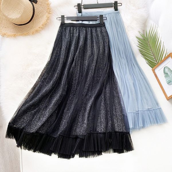 

rulex ruffles fashion tutu tulle skirts 2020 summer a line skirt chic long mesh midi skirt jupe saias faldas, Black