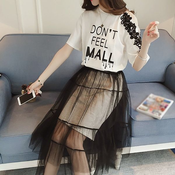 

summer o-neck letter print short sleeve embroidery off shoulder t shirt dress + mesh skirt two piece set, Gray