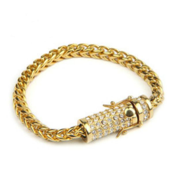 

uwin box clasp fox franco link bracelet mens stainless steel iced out rhinestone gold silver filled chain hip hop bracelet 20cm y19051101, Golden;silver