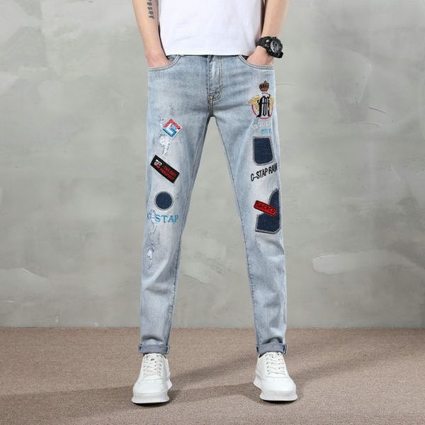 

new fashion men's denim print slim straight embroidery casual skinny denim trousers ripped jeans men motorcycle jeans, Blue