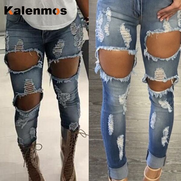 

kalenmos denim jeans women stretch skinny ripped hole bodycon slim white black jeggings mid waist pencil pants trouser 2020, Blue