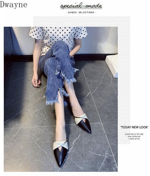 

pointed toe half slippers women wear 2020 new spring and summer fashion flat wild color matching flat shoes cs01, Black