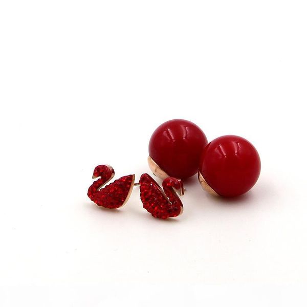 

swan earrings new year large red full diamond swan bead titanium steel plated rose gold stud earrings china red jewelry pearl earrings, Golden;silver