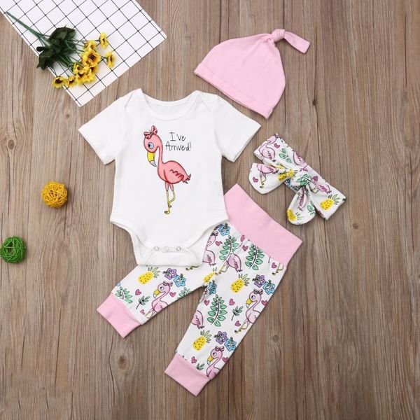 

0-18m хлопок новорожденных baby girl одежда набор для новорожденных костюмы flamingo с коротким рукавом romper + брюки + hat оголовье наряда, White
