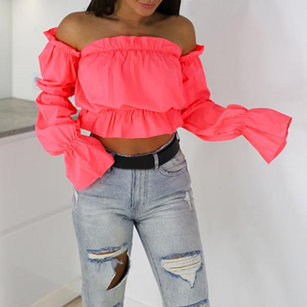 

2020 candy color off shoulder crop women summer dot print lantern sleeve shirts lady slash neck beach blouse, White
