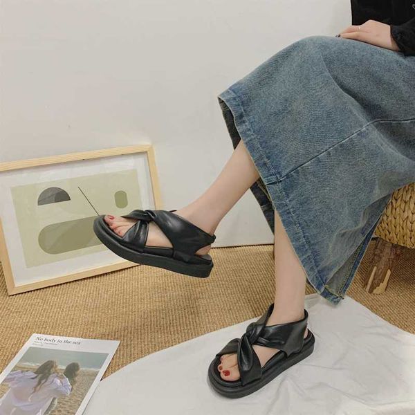 

women summer casual thick bottom sandals stretch fabric cross strap shoes korean style campus style lightweight cutout shoes, Black