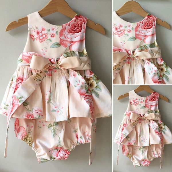 

newborn baby girl clothes sleeveless floral print ruffle bodysuit jumpsuit bowknot outfits clothes, Blue