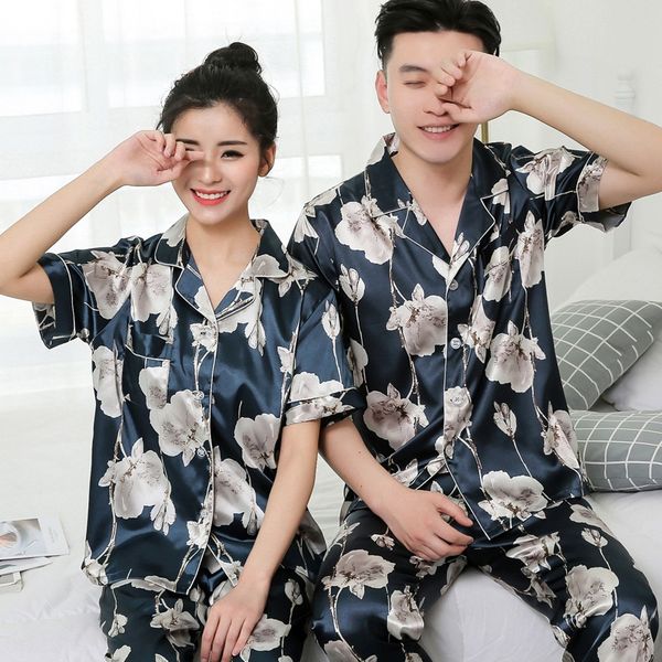 

ufyuk couple pajamas men's summer ice short-sleeved trousers home wear women's korean style suit summer thin simulated silk trouse, Blue;red