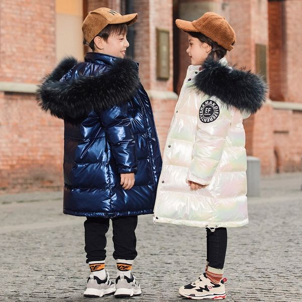 

atray down jacket girlsmid-length 2019 new korean style large fur collar bright down jacket children's coatsurface children's clot, Blue;gray