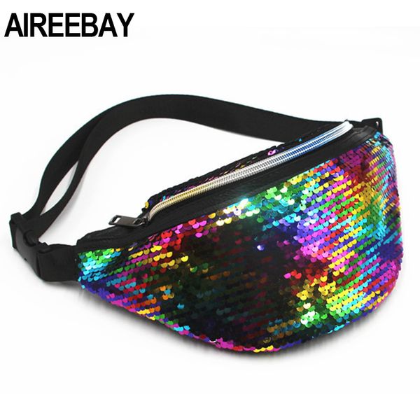 

aireebay waist bag women's fanny pack sequin leather chest bag leisure travel pouch fashion phone bum
