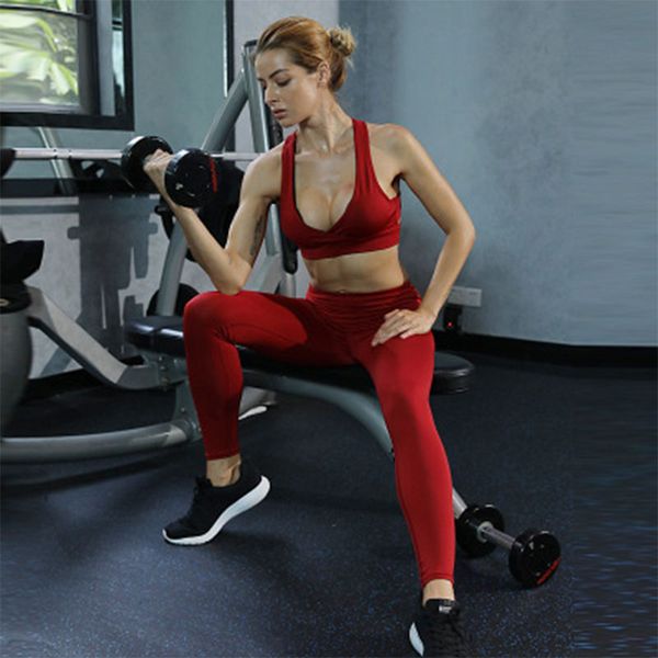 

salspor спортивные наборы женщины 2 шт сплошной цвет противоударный сбор бюстгальтера высокой талией push up рейтузы фитнес бег joggings set, White;red