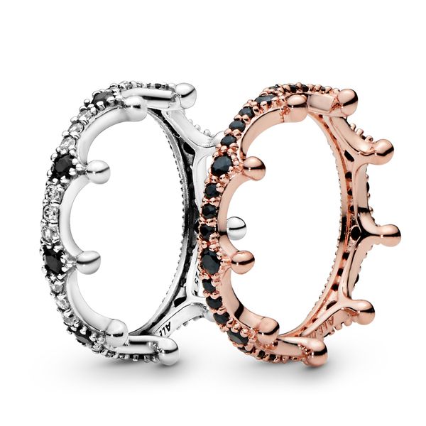 

925 sterling silver sparkling princess crown ring luxury designer jewelry women clear & black cz rose gold engagement rings with pandora box, Slivery;golden