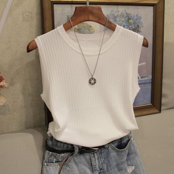 

sleeveless tank women female ribbed solid summer o neck casual vest camisole streetwear women vacation clothes party, White