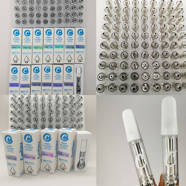 

1ML Cookies High Flyers Vape Cartridges Packaging 0.8ML Empty Ceramic Coil White Vape Carts 510 Thread Glass Tanks Thick Oil Atomizers Vapor