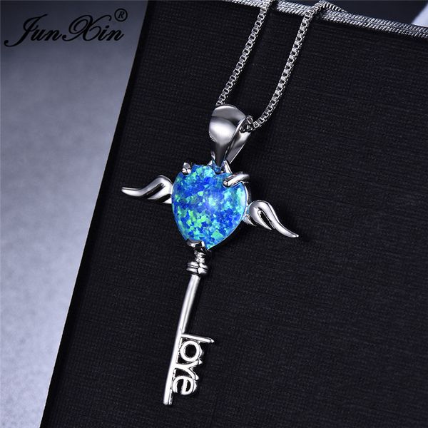 

boho female angel heart pendants necklaces silver color wing key necklace white blue fire opal necklaces for women