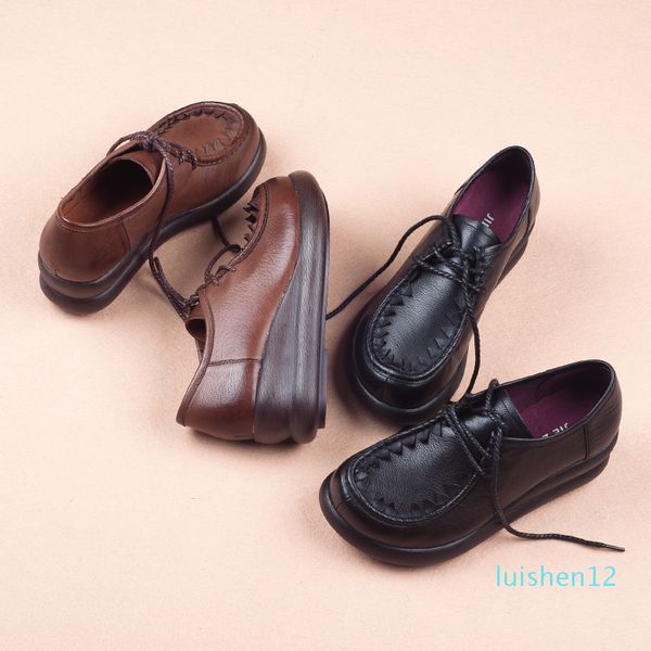 

flats lace-up women shoes 2020 casual shoes lightweight fashion design genuine leather woman flat platform spring l12, Black