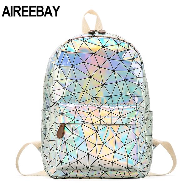

aireebay fashion laser lady backpack mini women travel bags pu leather holographic backpack school bags for teenager girls