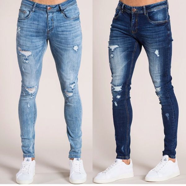 

men's jeans mens solid color 2021 fashion skinny pencil pants casual ripped design streetwear s-3xl, Blue