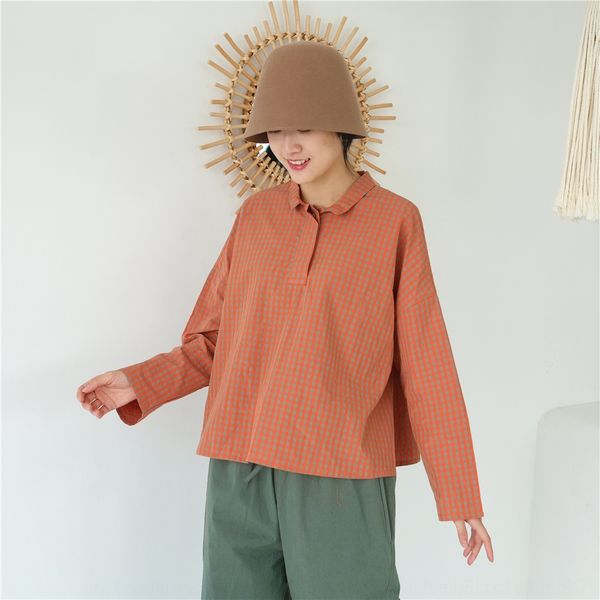 

art one old season yarn-dyed orange plaid pullover lapel square pullover shirt for women, White