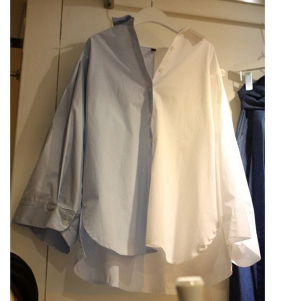 

ewq] 2020 spring new long sleeve plus size womens blouses korea turn-down collar patchwork irregular design ladies shirt, White