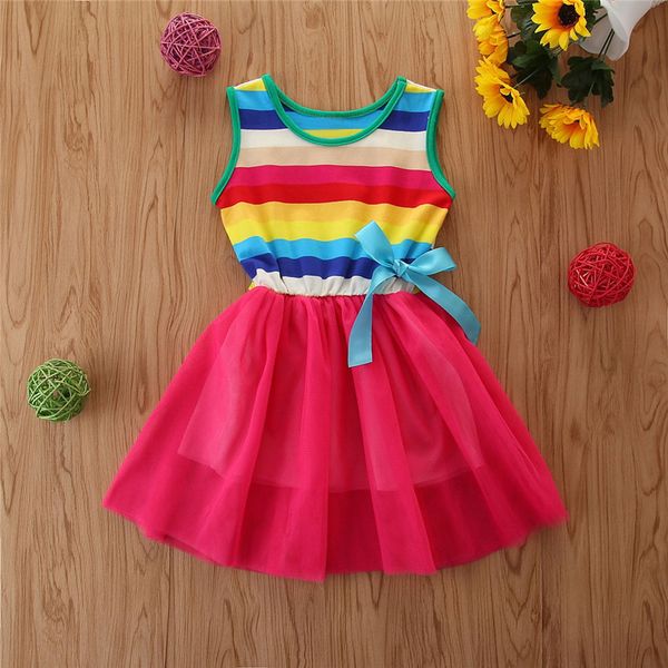 

toddler baby girls suspender rainbow striped princess party dress outfits children's new clothes ropa kinderkleding, Red;yellow