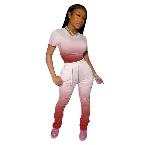 

short sleeve short long stacked pants with pockets womens summer tracksuits gradient color two piece set fashion, Gray