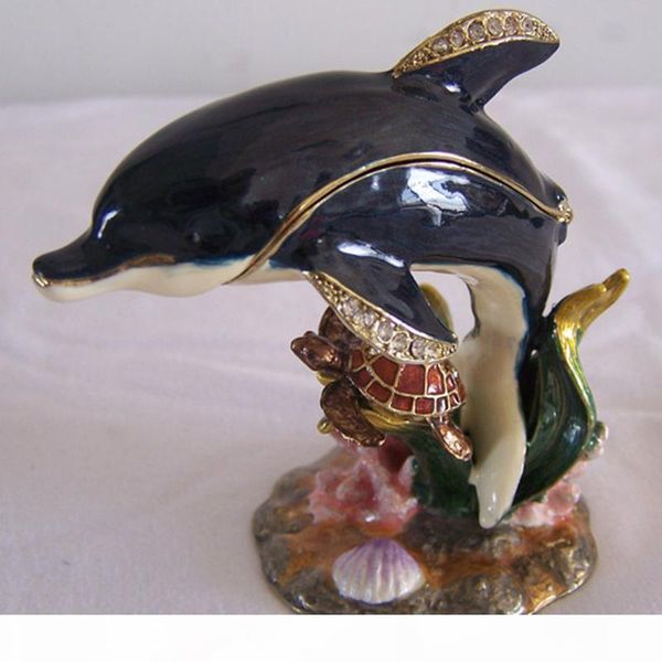 

crafted nautical craft gifts enamel dolphin hinged trinket box crystal jewelry box animal statues unique jewelry packaging gift for her, Black;white