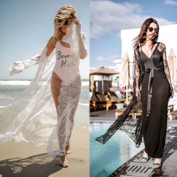 

new belt thin bikini lace loose beach blouse swimsuit sun-proof long cardigan bikini coat, White;black