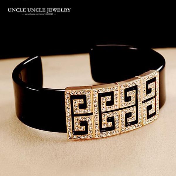

brand design rose gold color retro rome design austrian rhinestone square acrylic lady bangle wholesale, Black
